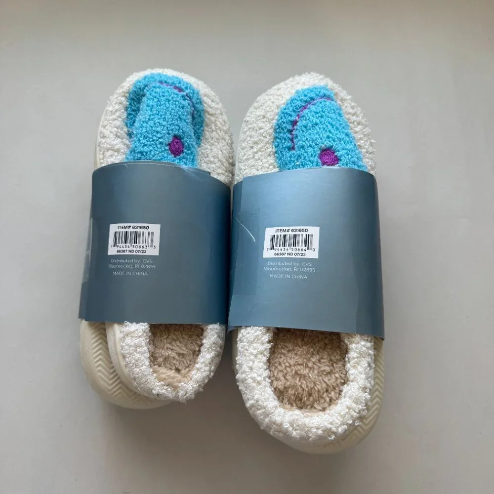 Bundle-Wayland Square Teddy Slippers Size XS & Small Beige Blue Happy Face